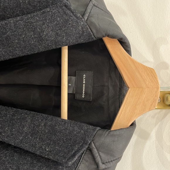 Club Monaco size 2 blazer with vegan leather on shoulders, charcoal. - Picture 2 of 4
